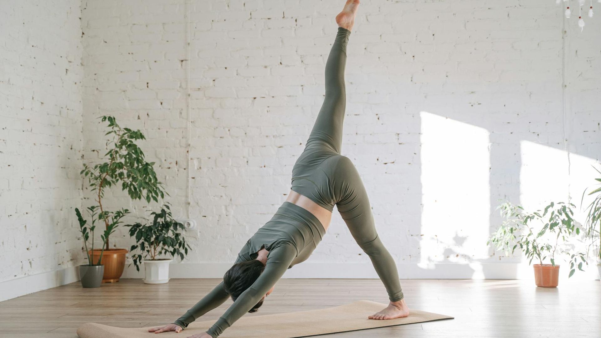 Serene yoga studio with natural sunlight and plants.